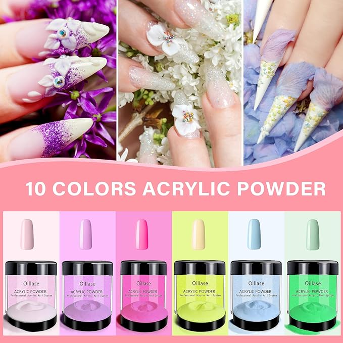 Acrylic Nail Kit for Beginners, Professional Nail Acrylic Powder Set with Acrylic Nail Brush Set, Large Capacity 10 Color Acrylic Powder Set Nail Extension Form (acrylic nail kit)