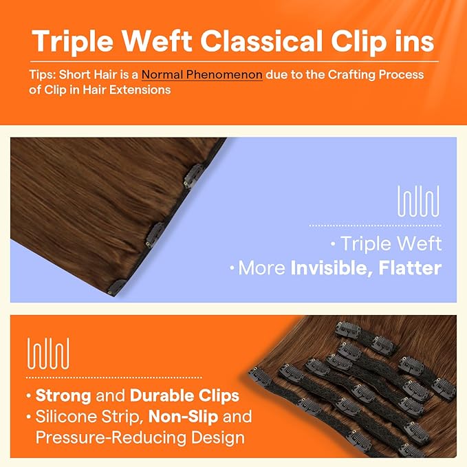 Full Shine Copper Brown Human Hair Clip in Extensions Auburn Brown Real Human Hair Extensions Clip ins Straight Invisible Hair Extensions for Women Triple Weft Remy Hair 18 Inch 7 Pcs 120 G