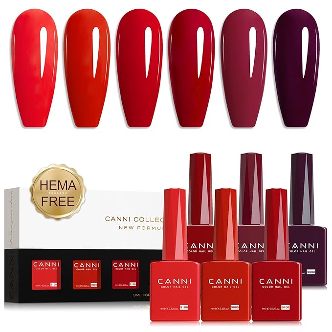 CANNI Red Gel Nail Polish Set - 6 Colors 9ML Red Collection Popular Dark Red Burgundy Gel Polish Kit Nail Art Design Soak off UV LED Nail Gel DIY Manicure All Seasons Nail Salon