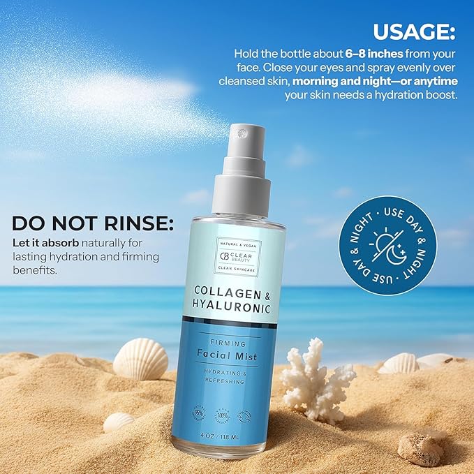 Clear Beauty Hyaluronic Acid & Collagen Face Mist - Dermatologist Tested, Moisturizes & Tones Skin, Anti-Aging, Natural Ingredients, Cruelty-Free Korean Skin Care - All Skin Types - 4 OZ (2 Pack)