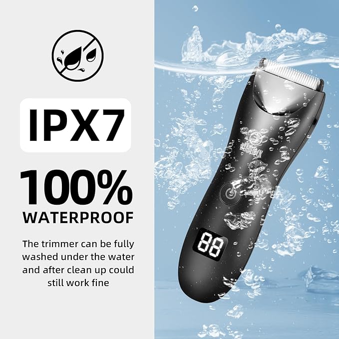 Men Body Hair Trimmers,Electric LCD Battery Indicator Safe Blade Waterproof Groin Hair Shavers Male Painless Wet and Dry Quiet Hygiene Razor with Standing Charging SMT033 Black