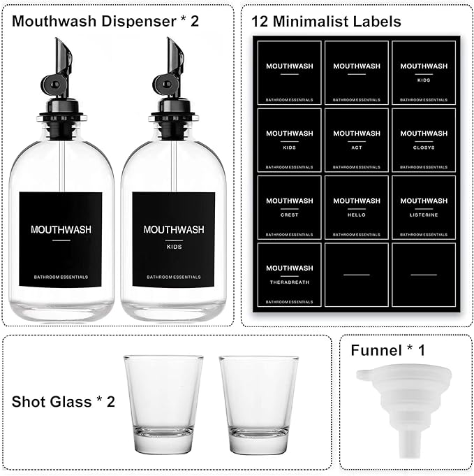 Black Glass Mouthwash Dispenser with Cups, 12.7 oz, 2 Pack - Clear Mouthwash Bottle with 304 Stainless Steel Spout & Minimalist Labels, Style Mouthwash Container for Bathroom