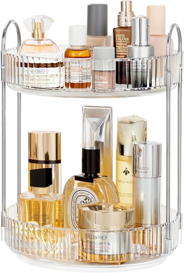 360 Rotating Makeup Organizer Countertop Clear 2 Tier Bathroom Organizer Spinning Perfume Organizers, Skincare Organizers Makeup Carousel with Silver Handle Cosmetic Brush Storage