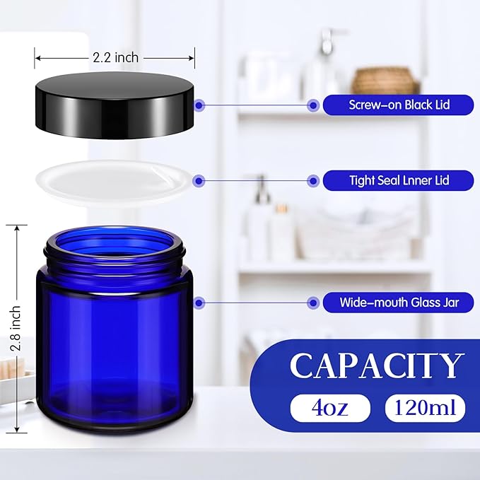 Norme 36 Pcs 4 oz Glass Jars with Lids Leakproof Round Airtight Empty Cosmetic Jars with Inner Liners Lid for Storing Lotions Powder Ointments Candle Making (Blue,Black)