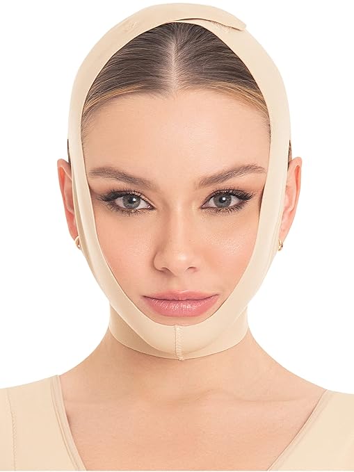 M&D Face Slimming Chin Strap Lipo Compression Garment Mentonera Postquirúrgica Facial Beige L