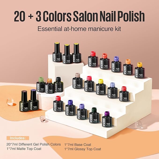 MEFA Gel Nail Polish Set, 23 Colors Brown Orange Nail Polish Set Gold Glitter Yellow Nail Polish Soak Off Red Shimmer Gel Nail Gifts for Women Girl DIY Salon Home Manicure