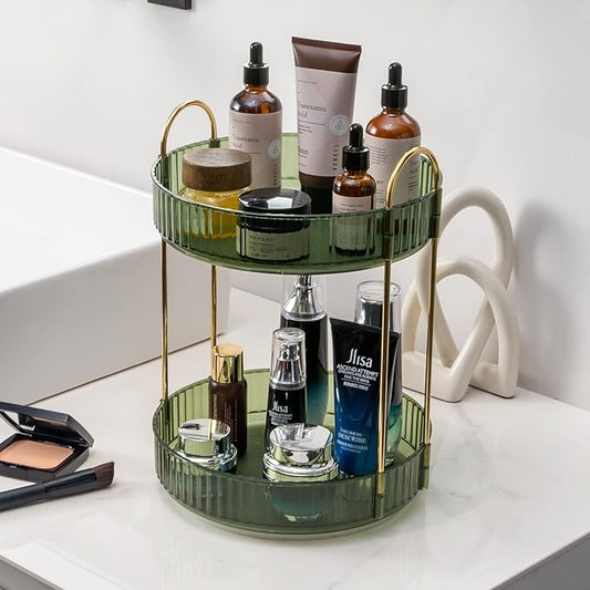 360° Rotating Makeup Organizer, Bathroom Make Up Spinning Holder Rack, Large Capacity Cosmetics Storage Vanity Shelf Countertop, Fits Cosmetics, Perfume, Skincare, Lipsticks(2 Tiers, Green)