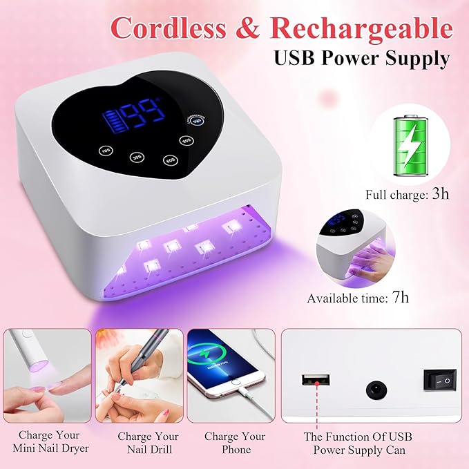 Cordless UV Led Nail Lamp, 72W UV Nail Light for Nail Polish, Rechargeable Nail Dryer, Heart Nail Lamp with 5 Timer and LCD Display, Professional Nail Lamp for Valentines Day Gifts and Nail Salon