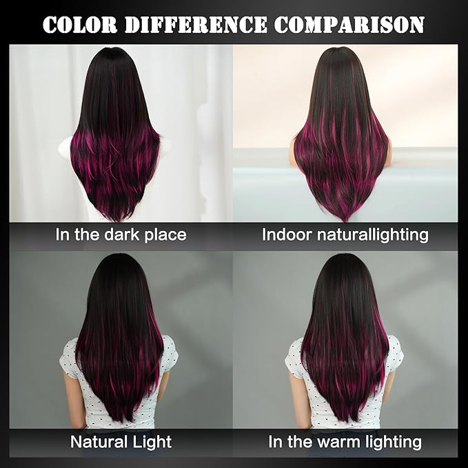 7JHH WIGS Natural Black Brown Rose Pink Hihglight Layered Wig with Curtain Bangs Long Straight Pixie Cut Natural Looking Heat Resistant Synthetic Hair Fiber Wigs for Women Daily Used