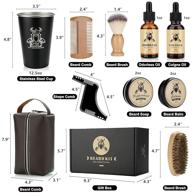 Beard Kit Gifts for Men, Father's Day Birthday Gifts for Men Dad Him, Grooming & Trimming Tool Complete Set, Beard Care Kit with 2 Beard Growth Oil/Balm/Brush/Comb/Shaving Soap/Cup&Storage Bag