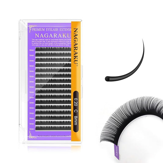 NAGARAKU Eyelash Extensions Individual Lashes 0.20 mm C curl 8mm Premium Classic Matte Black Faux Mink 16 Rows Natural Professional Beauty Salon Supplies