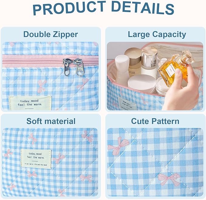3Pcs Makeup Bag Cotton Quilted Travel Cosmetic Bag Cute Floral Makeup Pouch Large Toiletry Bag for Women Girls (Plaid Bow-Blue)