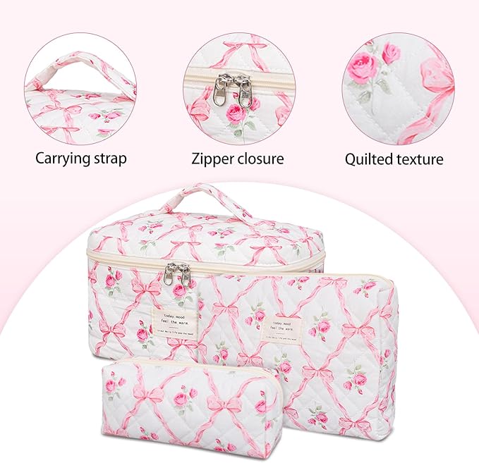 Quilted Makeup Bag,Large Cosmetics Bag Set,Cotton Coquette Floral Make up Pouch,Travel Toiletry Bag for Women