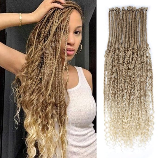 24 In 30 Strands Boho Braid Dreadlock Extensions, Ombre Purple Synthetic Curly Dreads Extensions with Box Braid, 100% Handmade Dreads Hippie Style Dreadlocks for Woman