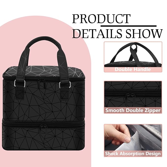 Nail Polish Organizer Hold 42+ Bottles Nail Polish & Nail Lamp, Nail Storage Case Double-Layer Nail Bag Holder with Sturdy Handle(Black)