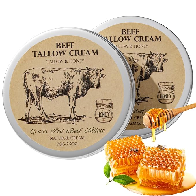 Beef Tallow for Skin, Tallow and Honey Cream,Tallow Face Moisturizer, Natural Organic Grass-Fed Beef Tallow Balm with Raw Honey Moisturizing Cream for Body Lotion Skin Care for Sensitive Skin 2 Packs