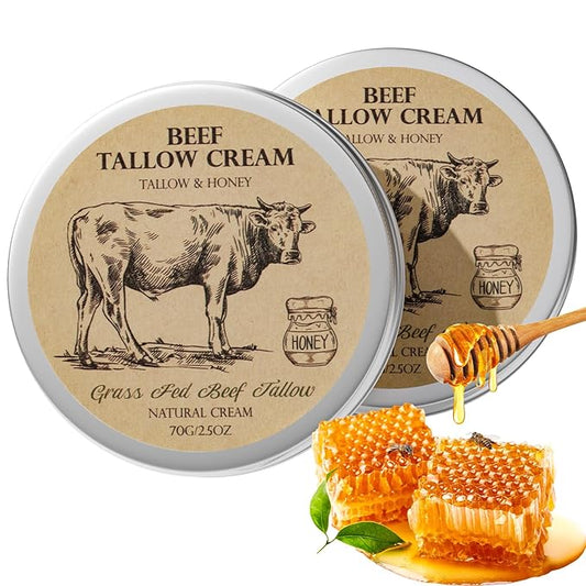 Beef Tallow for Skin, Tallow and Honey Cream,Tallow Face Moisturizer, Natural Organic Grass-Fed Beef Tallow Balm with Raw Honey Moisturizing Cream for Body Lotion Skin Care for Sensitive Skin 2 Packs