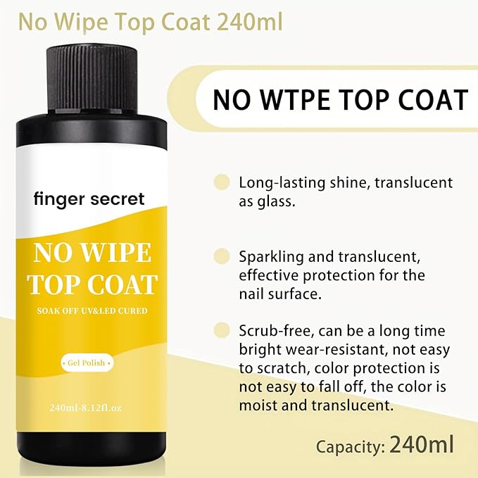 240ml/8floz No Wipe Gel Top Coat for Gel Nail Polish, Quick Dry Clear Nail Polish, Nail Supplies for DIY in Salon or Home Use.