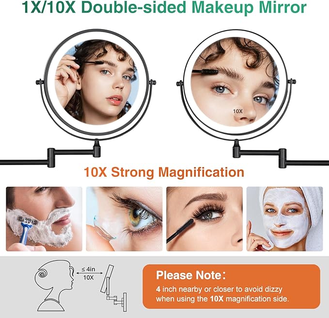 8.5'' Lighted Makeup Mirror with Magnification, Double Sided Dual Touch 1X/10X Magnifying Mirror with Lights 360°Swivel Bathroom Mirror with Extendable Arm