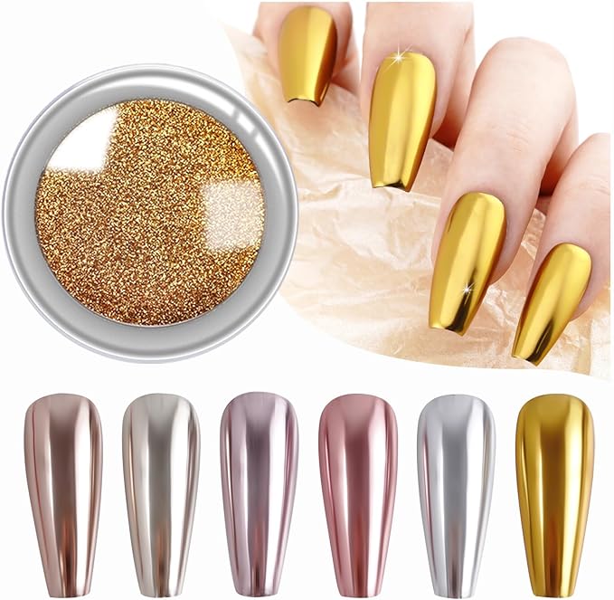 Chrome Nail Powder Set Metallic Mirror Glitter for Manicure Nail Art Decoration Gold Silver Bronze Rose Gold Silver Pigment 6 Colors Kit 0.5g/Jar (TR 6 Pcs Set)