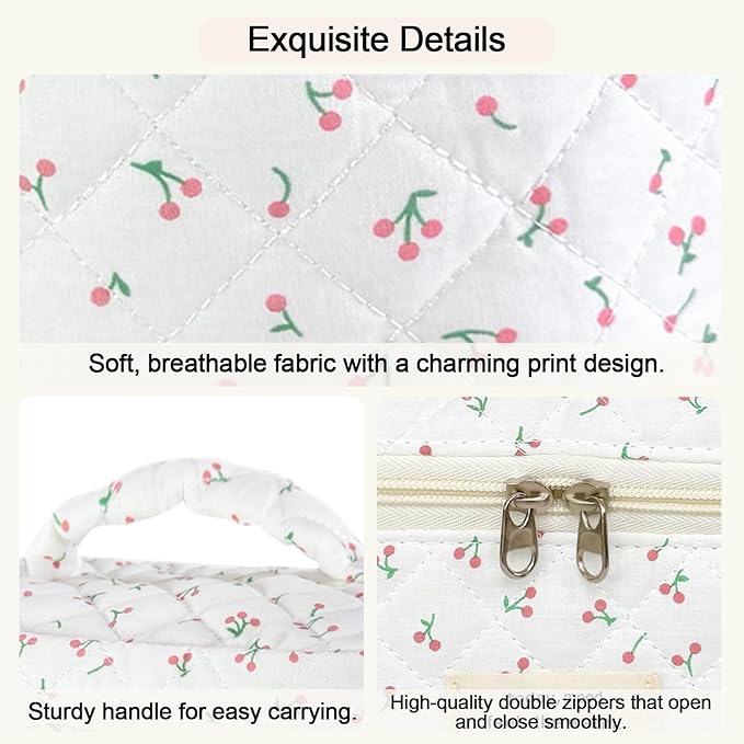 3Pcs Cotton Quilted Makeup Bag for Women Girls, Large Floral Cosmetic Bag Set Cute Makeup Brushes Aesthetic Accessories Storage Bag Flower Travel Toiletry Bag Organizer