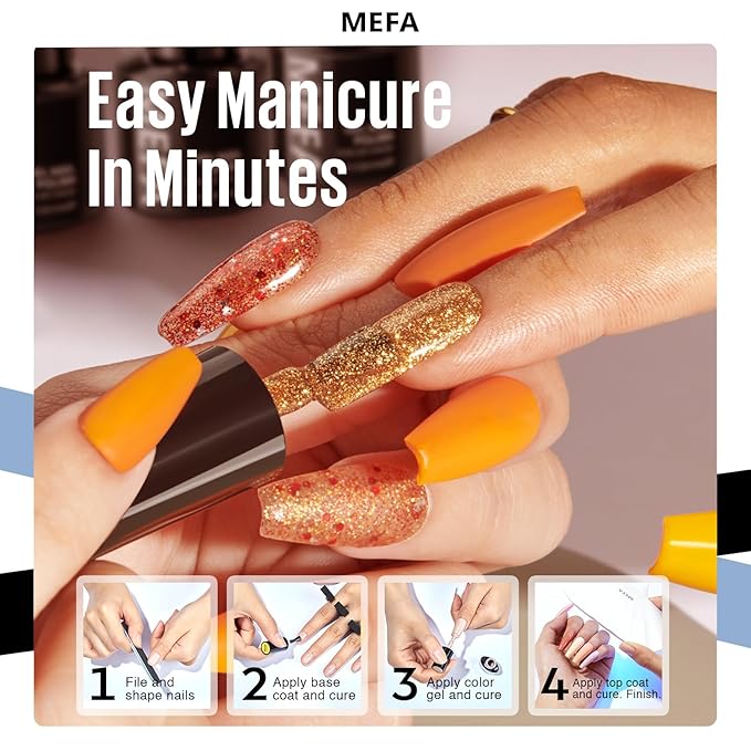 MEFA Gel Nail Polish Set, 12 Colors Orange Burgundy Red Gel Polish Set Flash Dark Red Glitter Nail Polish Shimmer Nude Brown Blue Yellow Nail Gifts for Women Girl DIY Salon Home Spring Summer