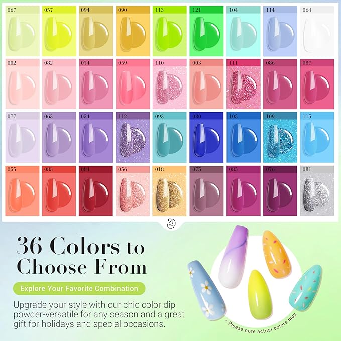 AZUREBEAUTY 170Pcs Dip Powder Nail Kit, 36 Color Neon Bright Blue Yellow with Dipping Powder Base/top Coat Activator Liquid Set & Removel Kit for French Nail Art Salon DIY Home
