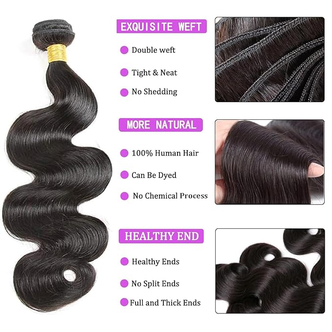 Bundles with Closure Human Hair Body Wave 14 14 14+12 Inch 100% Unprocessed Brazilian Virgin Human Hair 3 Bundles with Closure Human Hair Extensions with 4x4 Free Part Lace Closure Natural Black