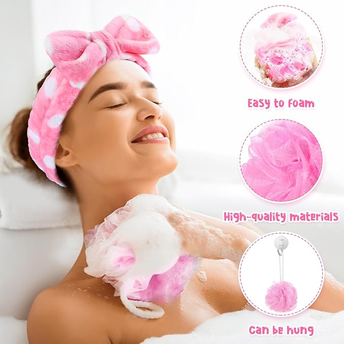 42 Pcs Spa Sleepover Party Supplies Bulk for Women Include 6 Pink Spa Hairbands 6 Plush Eye Masks 12 Wristbands 6 Bath Loofahs 6 Pairs Disposable Slippers 6 Organizer Bags for Women Slumber Party Gift