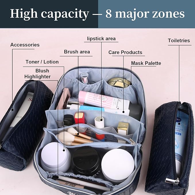 BOYATU Travel Makeup Bags for Women: Large Make up Bag Set of 3 - PU Leather Toiletry Bags - Portable Cosmetic Bag with Divider & Handle (L15 Dark Blue)