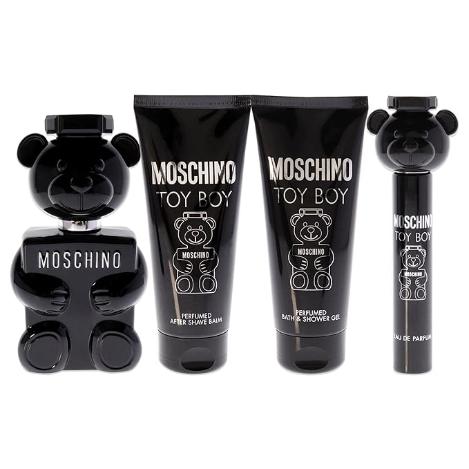Moschino Toy Boy Men Gift Set - EDP Spray (0.3 & 3.4 oz), After Shave Balm, Bath and Shower Gel 4 Pc Set