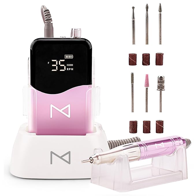 M Mase- Professional Nail Drill Machine - 2-in-1 Nail File - Cordless, 35000 RPM, HD Display - Gift for Her - Electric Nail Drill for Professional & Home Use (Unicorn Pink)