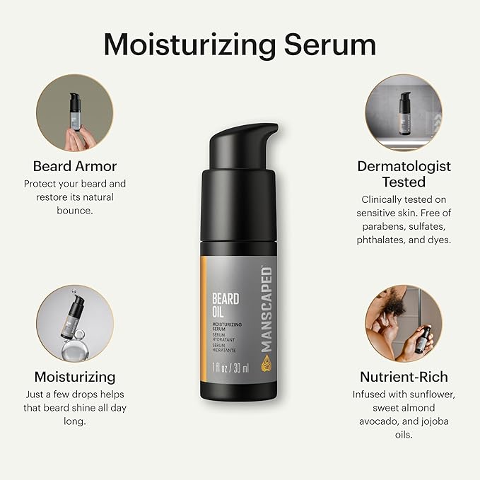 MANSCAPED® Beard Oil, Moisturizing Serum with Jojoba Seed, Sunflower, Sweet Almond Oils for a Nourishing, Hydrating Shine, (1 fl oz) 1-Pack