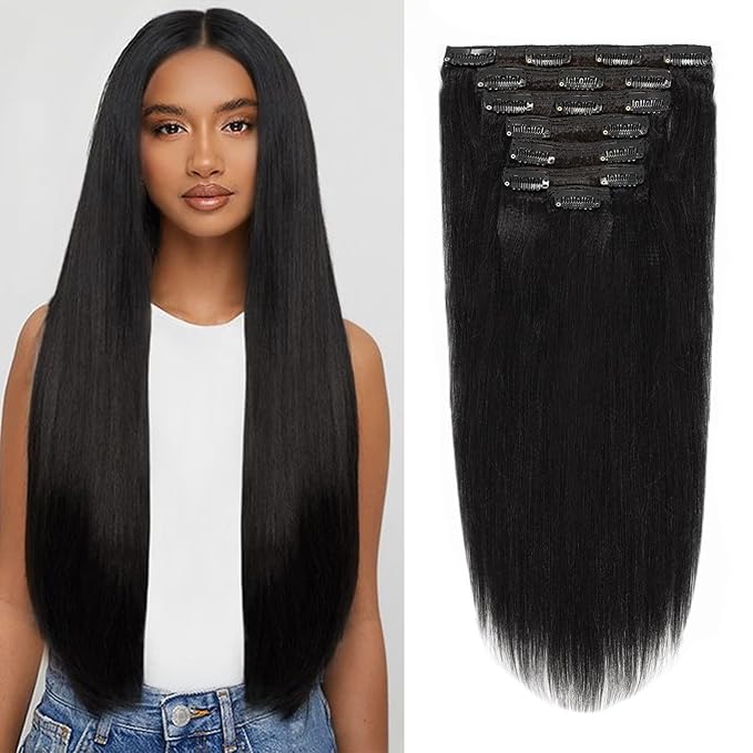 Remy Human Hair Clip In Hair Extensions Yaki Straight Full Head 8A Grade Natural Hair Clip Ins Remy Jet Black African Americans For Black Women 7pcs/set 120g/set 16 Inch