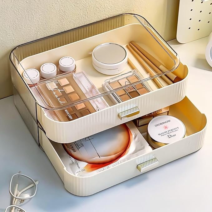 2 Pack Stackable Makeup Organizer with Drawers, Bathroom Storage for Eyeshadow Palettes, Cosmetics, and Beauty Supplies. Ideal for Vanity Counter, Cabinet, Entryway Table, Desk