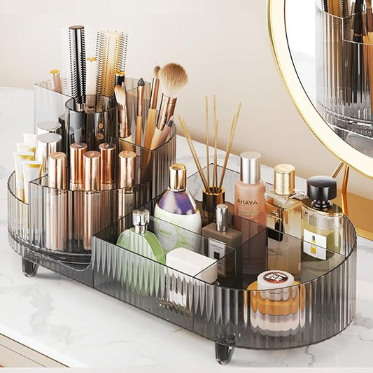 Rotating Makeup Organizer for Vanity with Brush Holder, Cosmetic Makeup Storage Organizer, Large Spinning Makeup Skincare Organizer, Countertop Makeup Perfume, Lotions Display Case (Transparent Black)