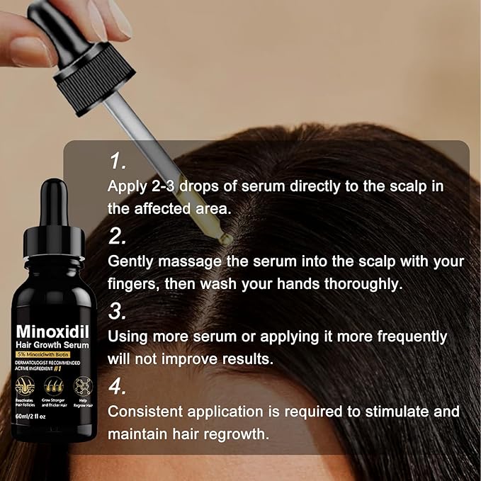 5% Minoxidil Hair Growth Serum, Topical Minoxidil for Men and Women, Hair Regrowth Treatment for Scalp Hair Loss and Thinning, With Biotin
