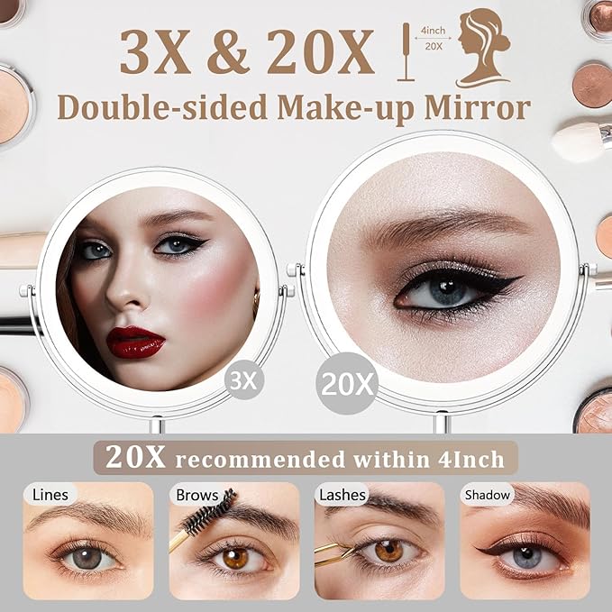9in Vanity Mirror with Lights, Rechargeable&Dimming Lighted Makeup Mirror, 3X/20X Double Sided Magnifying Mirror,5000mAh,360 Rotate,3 Color Lights,Brightness with 80 LED,No Height Adjustment,Nickel