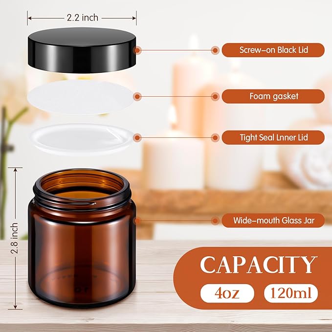 Norme 96 Pcs 4 oz Glass Jars with Lids Leakproof Round Airtight Empty Cosmetic Jars with Inner Liners Lid for Storing Lotions Powder Ointments Candle Making (Black,Amber)