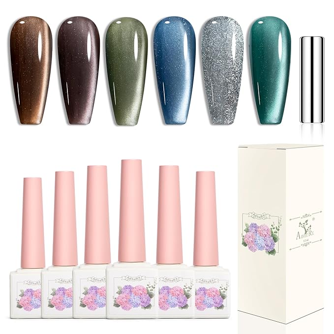 Adhere 6Pcs 12ML Cat Eye Soak Off UV LED Gel Nail Polish, Sparkling White Cat Eyes Reflective Glitter Cat Eye, Sparkling Diamond Magnetic Flash Color with Magnet