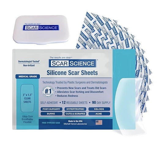 Advanced Medical Grade Silicone Scar Patches, 12 Reusable 3" Water-Resistant Silicone Scar Strips for Newly Healed Wounds and Older Scars - Breathable Silicone Gel Sheets for Scars w/Case