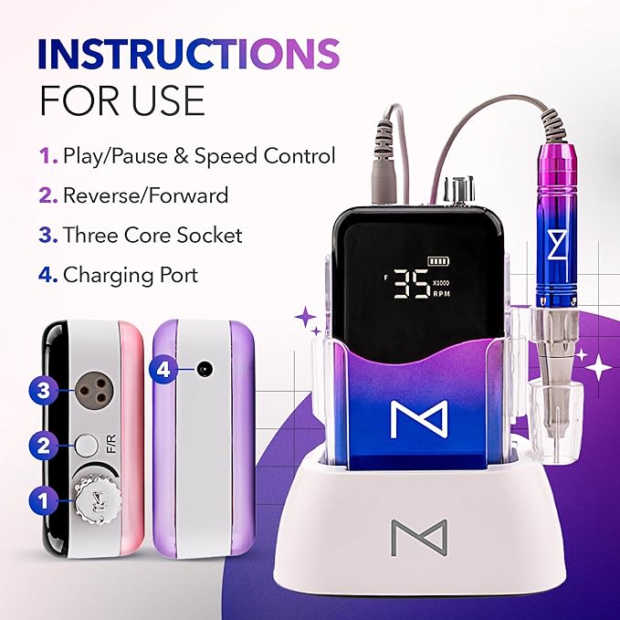 M Mase- Professional Nail Drill Machine - 2-in-1 Nail File - Cordless, 35000 RPM, HD Display - Gift for Her - Electric Nail Drill for Professional & Home Use (Unicorn Pink Blue)