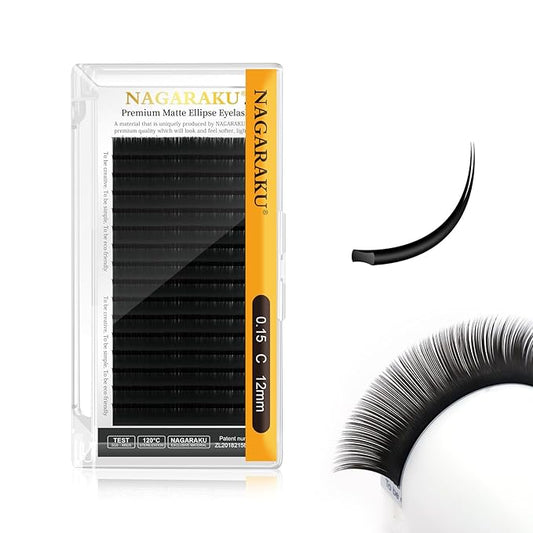 NAGARAKU Double Tips Ellipse Eyelash Extensions Lighter Thinner Flat Split Tips Individual Lash 0.15mm C curl 12mm Matte Black Faux Mink Classic False Lash Supplies 16 Rows