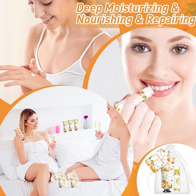 50 Pack Bulk Hand Cream and Bulk Lip Balm Gifts Sets, Bridal Shower Favors and Baby Shower Favors for Guests with Thank You Card and Organza Gift Bags, Appreciation Gifts, Baby Shower Prizes (Orange)