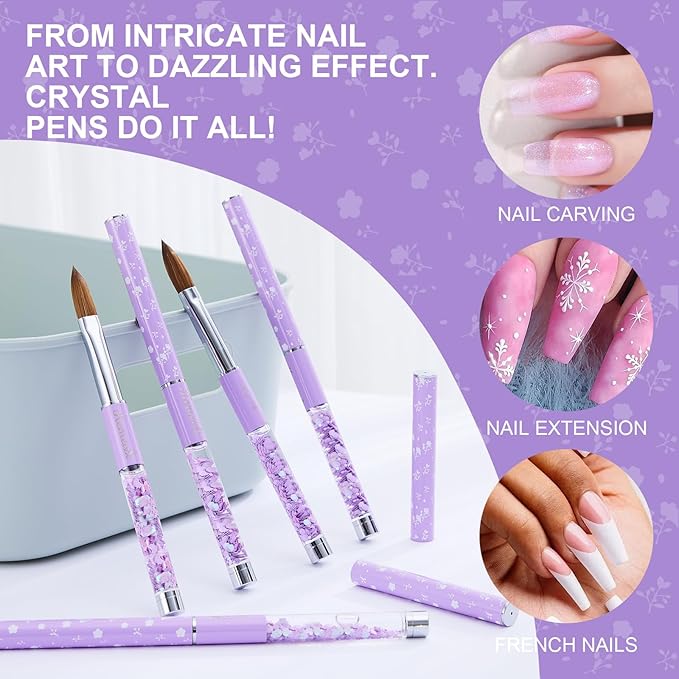 5PCS Acrylic Nail Brush Set, Sizes 06/08/10/14/16 Kolinsky Art Brushes for Application, Sturdy Handle Oval Shaped Powder Design Tools for Professional Manicure DIY