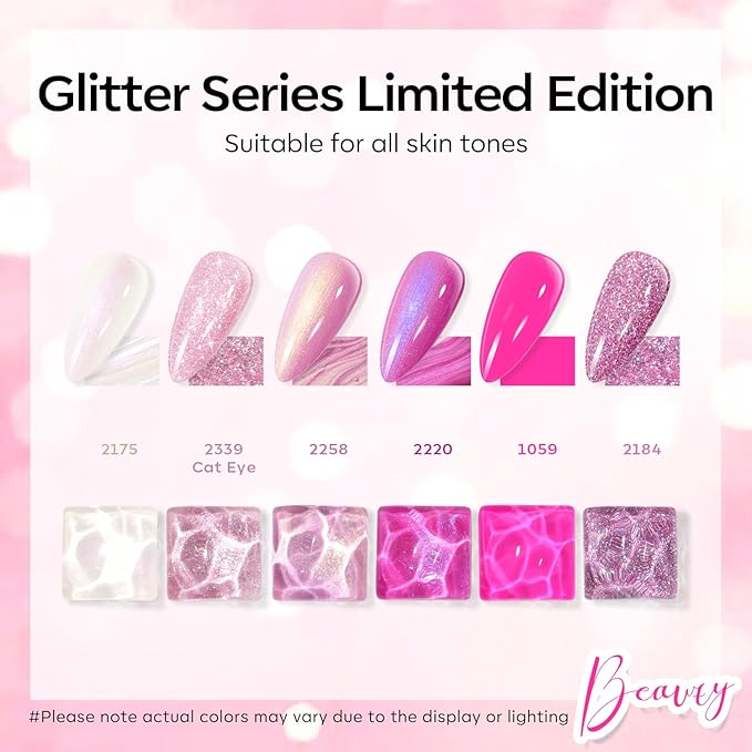 modelones Pink Glitter Gel Nail Polish Set, 6 Colors Hot Pink Tones Sparkle Pink Shades Shimmer Cat Eye for Women Girl Nail Lovers Gift Salon DIY Nail Art Gel Nail Kit