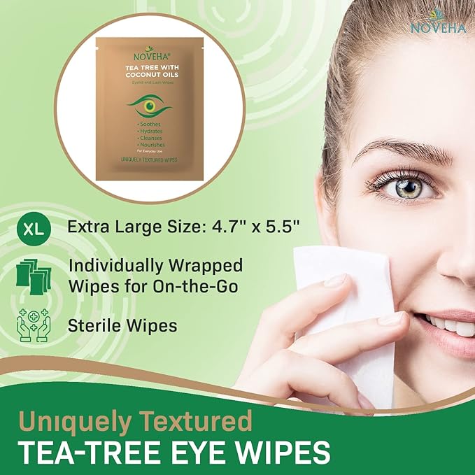 NOVEHA Tea Tree & Coconut Oil Eyelid & Lash Wipes | For Demodex, Blepharitis & Itchy Eyes, Box Of 60 Individually Wrapped Eyelash Wipes With Aloe Vera, Natural Makeup Remover & Daily Eye Cleanser