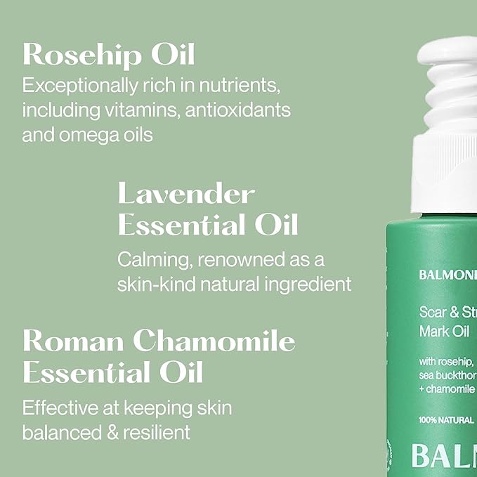 Balmonds Scar and Stretch Mark Oil 50ml - 100% Natural Blend of Rosehip, Borage and Sea Buckthorn Oils - Helps Improve The Appearance of Scars, Uneven Skin Tone, Acne Scars & Stretch Marks - (1.7 oz)