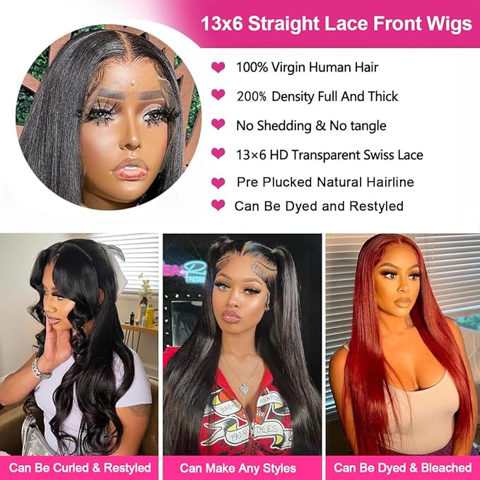13x6 Lace Front Wigs Human Hair Straight HD Lace Front Wigs Human Hair Pre Plucked with Baby Hair 200% Density 13x6 Frontal Wigs Human Hair Glueless Wig for Black Women 26 Inch Natural Color