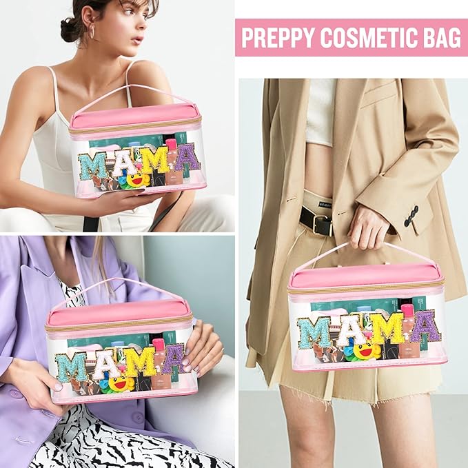 Chenille Letter Clear Makeup Bags Mama Pouch, Preppy Patch Makeup Bag Zipper with Handle, Transparent PVC & Nylon Waterproof Glitter Cosmetic Handbag Travel Toiletry Storage for Women Girl(MAMA-Pink)